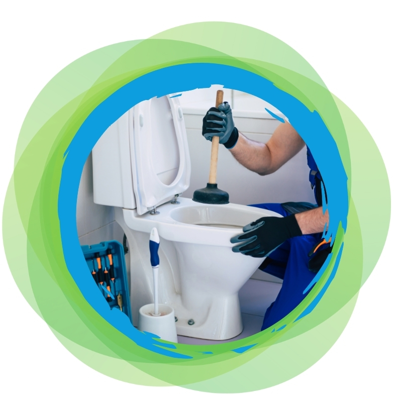 Professional plumber unclogging a toilet blocked drain with a plunger, wearing gloves and uniform.