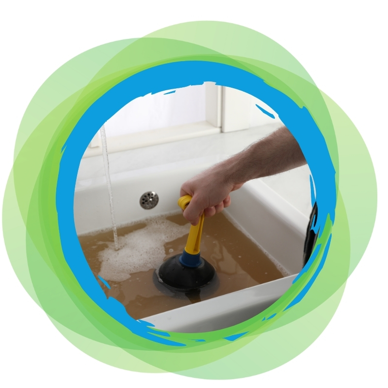 Using a plunger to fix a kitchen blocked drain in a sink filled with dirty water due to clogging.