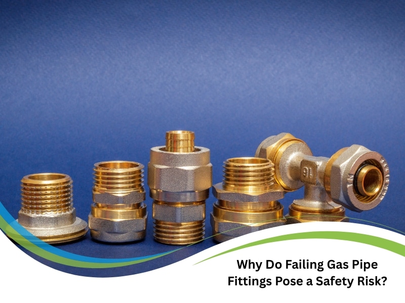 A lineup of brass connectors shows types used to replace failing gas pipe fittings in residential plumbing setups.