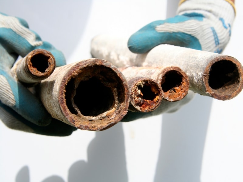 Corroded pipes shown before pressure washing garage to illustrate long-term buildup