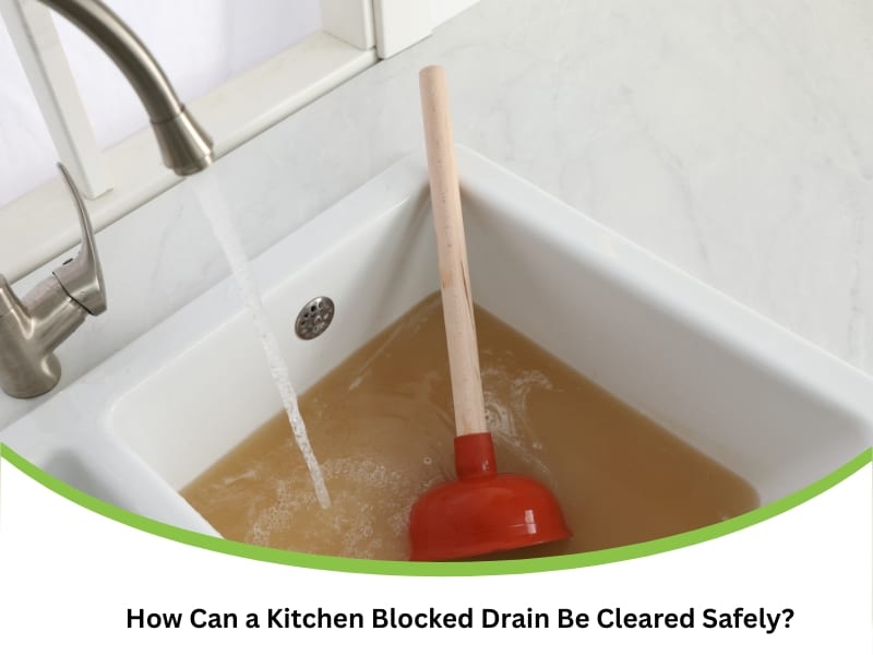kitchen blocked drain with plunger and dirty water filling white sink