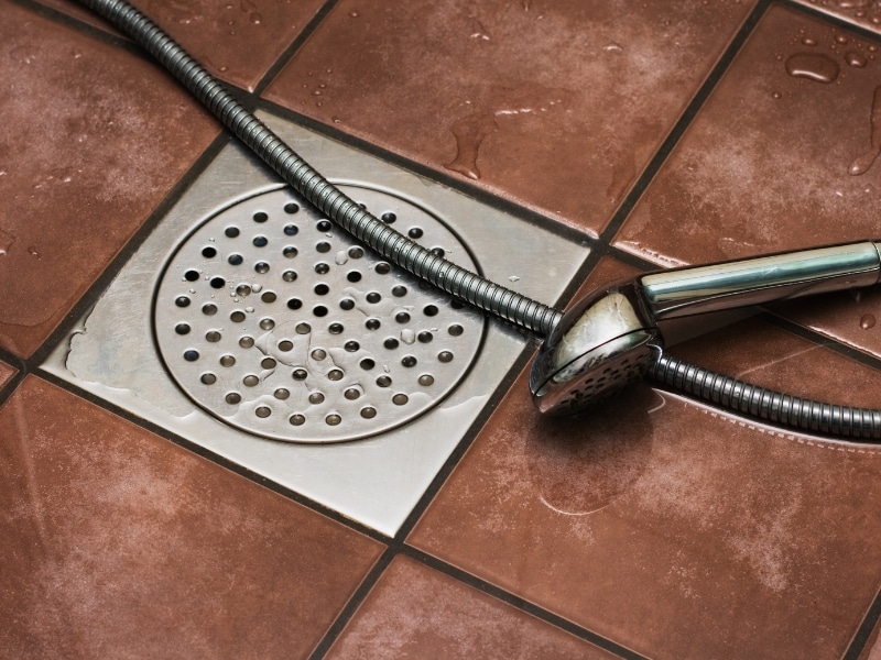 Bathroom Plumbing maintenance: stainless shower floor drain with handheld shower hose resting on wet brown tiles.