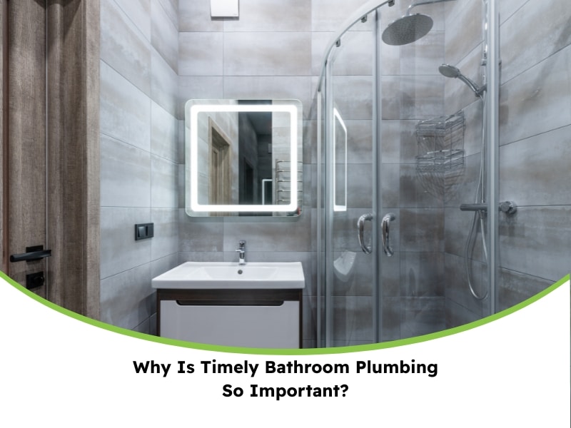 Bathroom Plumbing importance: modern bathroom with glass shower, vanity, and illuminated mirror highlighting timely maintenance concept.